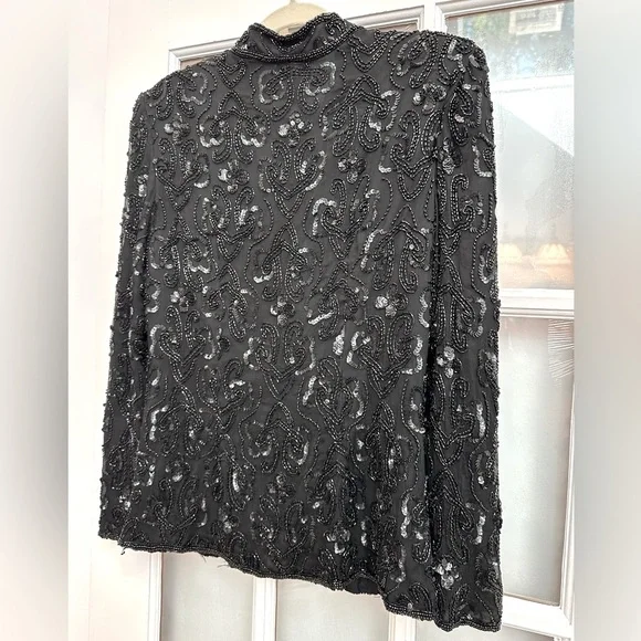 Vintage Stenay Black Hand Beaded Sequin 100% Silk Jacket Top Wimens Size Small S